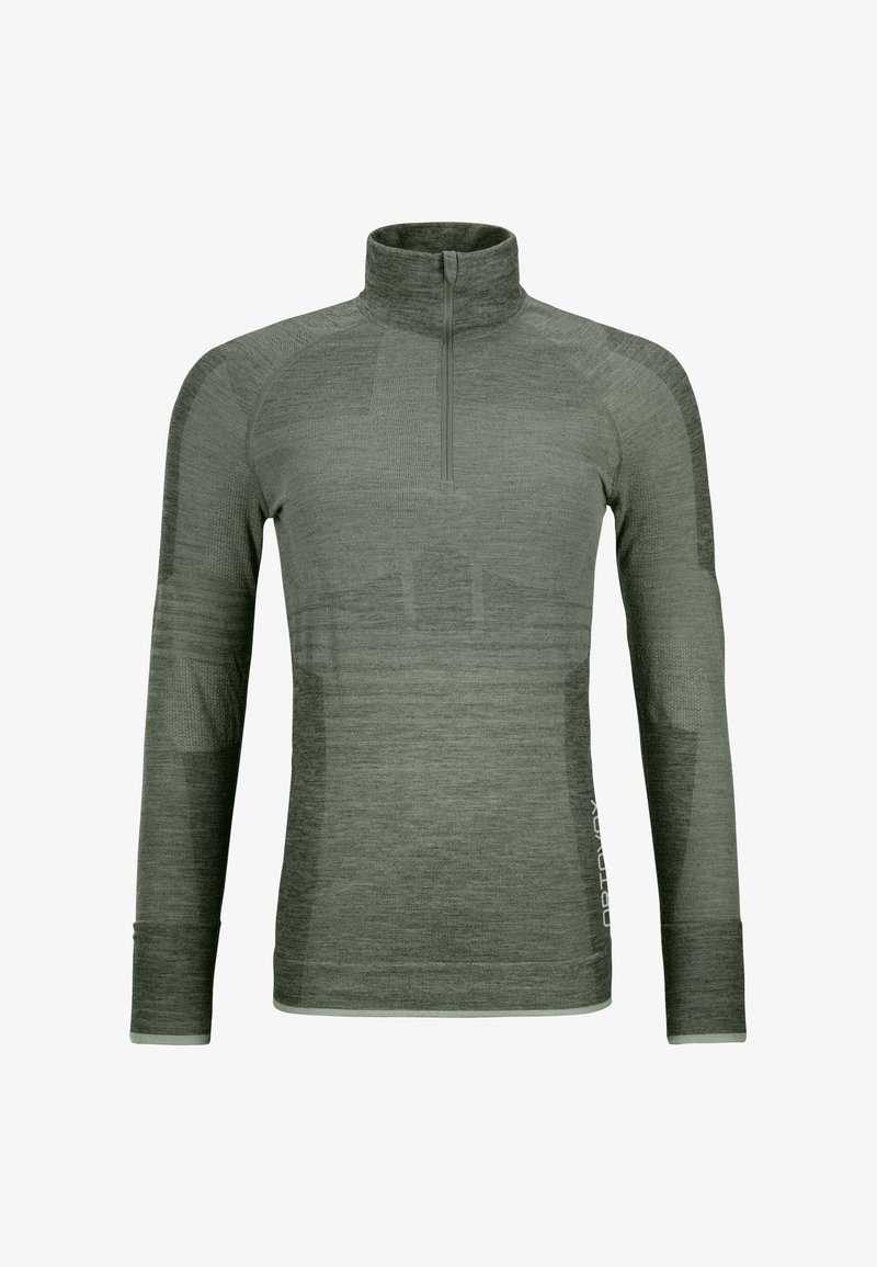 Long-sleeve, zip-neck pullover in dark green. Features textured fabric, fitted design, and accent stitching along the shoulders and sides.