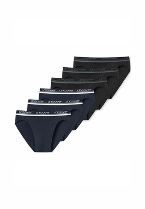 Set of six men's briefs in black and navy, each with a branded waistband reading "uncover," arranged in two overlapping rows.