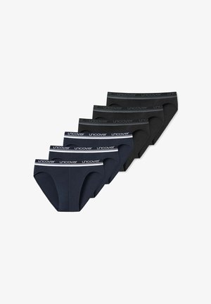 Set of six men's briefs in black and navy, each with a branded waistband reading "uncover," arranged in two overlapping rows.