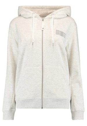 Sweat à capuche gris clair avec fermeture éclair, capuche à cordon, poches avant et petit logo "O'Neill" sur le côté gauche de la poitrine.