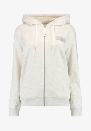 Sweat à capuche gris clair avec fermeture éclair, capuche à cordon, poches avant et petit logo "O'Neill" sur le côté gauche de la poitrine.