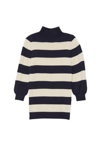 Marineblau- und cremegestreifter Pullover mit hohem Kragen und langen Puffärmeln, aus weichem Strickmaterial gefertigt. Normale Passform mit gerippten Bündchen.