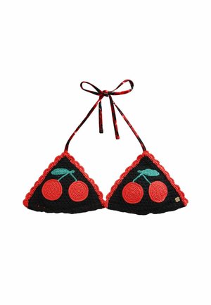 Schwarzes gehäkeltes Bikinioberteil mit roten gewellten Rändern, roten Kirschmotiven, grünen Stielen und rot-schwarzen Bindebändern.
