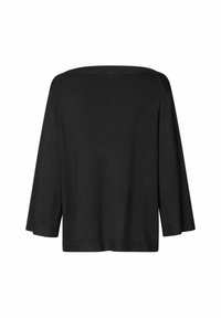 Maglione nero morbido e ampio con maniche a tre quarti, scollo ampio e orlo a coste. Il tessuto appare morbido con una texture liscia.
