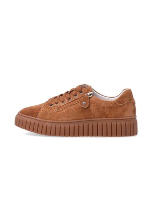 Brown suede sneaker with a platform sole, lace-up design, and side zipper detail. Features textured rubber outsole and rounded toe.