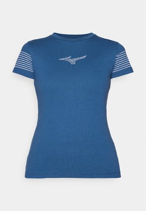 Blue fitted t-shirt made of cotton, featuring short striped sleeves and a white graphic logo on the chest. Smooth texture.