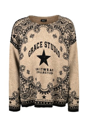Beige knit sweater with black paisley and star patterns, featuring "Grace Studio Knitwear Collection" text and a large central star.