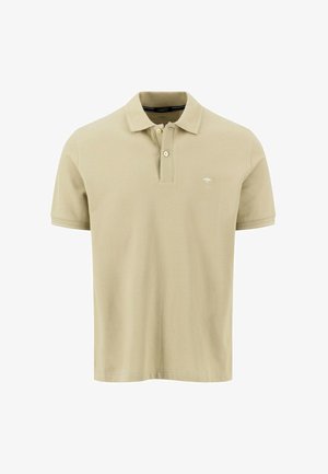 Beige short-sleeve polo shirt with two buttons, small embroidered tree logo on the left chest, and ribbed collar and cuffs.
