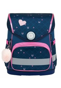 Navy blue backpack with pink accents, diamond pattern, heart patch, reflective strip, and a fluffy pom-pom keychain. Front zip pocket included.