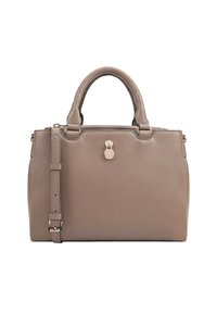 Grijze leren handtas met dubbele bovenhandvatten en een afneembare schouderband. Voorzien van een ritssluiting en een metalen accent aan de voorkant.