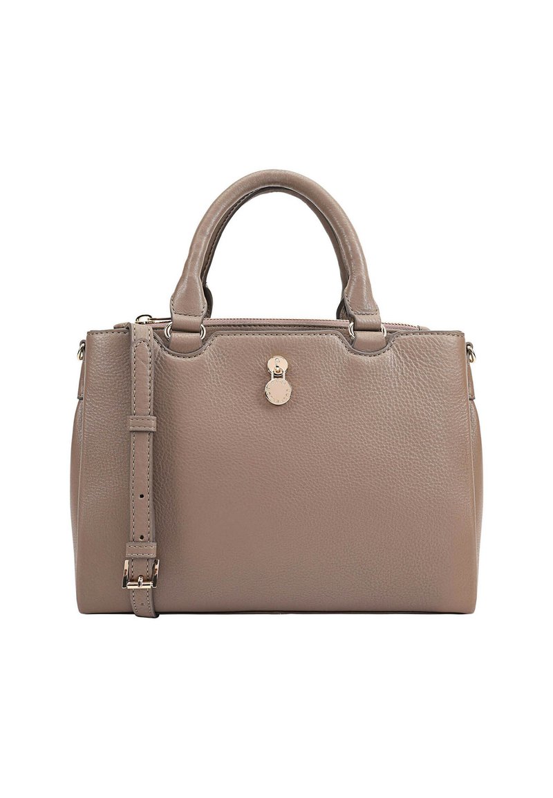 Grijze leren handtas met dubbele bovenhandvatten en een afneembare schouderband. Voorzien van een ritssluiting en een metalen accent aan de voorkant.