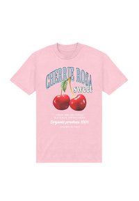 Jasnoróżowa bawełniana koszulka z grafiką dwóch czerwonych wiśni, zielonym liściem oraz tekstem promującym organiczną słodycz z Włoch.