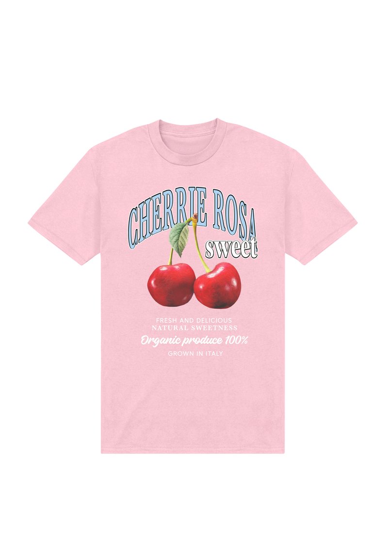 Jasnoróżowa bawełniana koszulka z grafiką dwóch czerwonych wiśni, zielonym liściem oraz tekstem promującym organiczną słodycz z Włoch.
