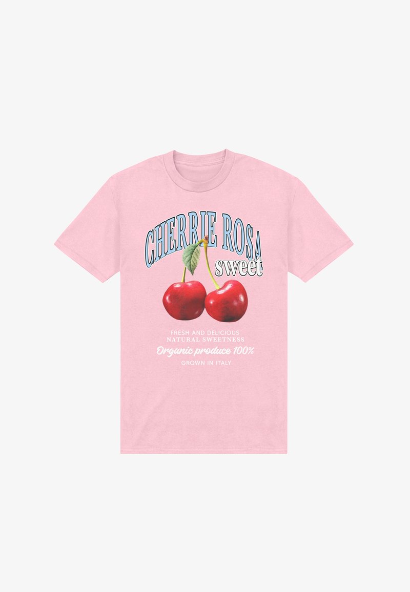 Jasnoróżowa bawełniana koszulka z grafiką dwóch czerwonych wiśni, zielonym liściem oraz tekstem promującym organiczną słodycz z Włoch.