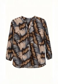 Långärmad knapp-up skjorta i ett mjukt tyg, med ett tie-dye-mönster i nyanser av grått, brunt och beige, med en V-ringning.