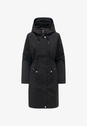 Impermeabile lungo nero con cappuccio, coulisse regolabili in vita e sul cappuccio, chiusura frontale con zip e bottoni, progettato per il clima freddo.