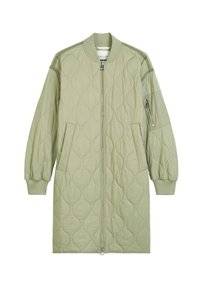 Gequilted lange jas in lichtgroene stof, met een rits aan de voorkant, ribbenmanchetten, zijzakken en een gezipperde mouwzak.
