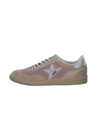 Beige sneaker with grey mesh panels and a pink star design. Features a textured suede upper and silver accents on the heel. Lace-up closure.