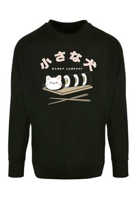 Musta huppari, jossa on kissan ja sushirullien grafiikkaa, ja vaaleanpunaista tekstiä "Ramen Company" sekä puikkodesign.