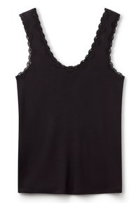 Černý top bez rukávů s hlubokým výstřihem do V a vlnkovým krajkovým lemem podél okrajů. Tkanina je hladká s přiléhavým střihem.