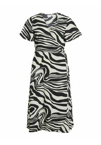 Robe portefeuille à imprimé zèbre noir et blanc, avec manches courtes, col en V et ceinture à nouer, dotée d'une jupe fluide à ourlet arrondi.