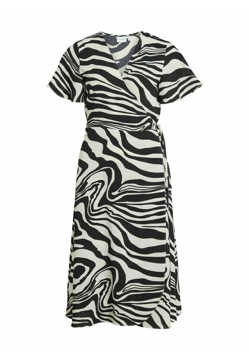 Robe portefeuille à imprimé zèbre noir et blanc, avec manches courtes, col en V et ceinture à nouer, dotée d'une jupe fluide à ourlet arrondi.