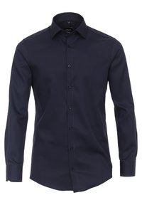 Marineblauw langemouwen shirt van gladde stof, met een puntkraag, zes knopen aan de voorkant en knoopmanchetten.