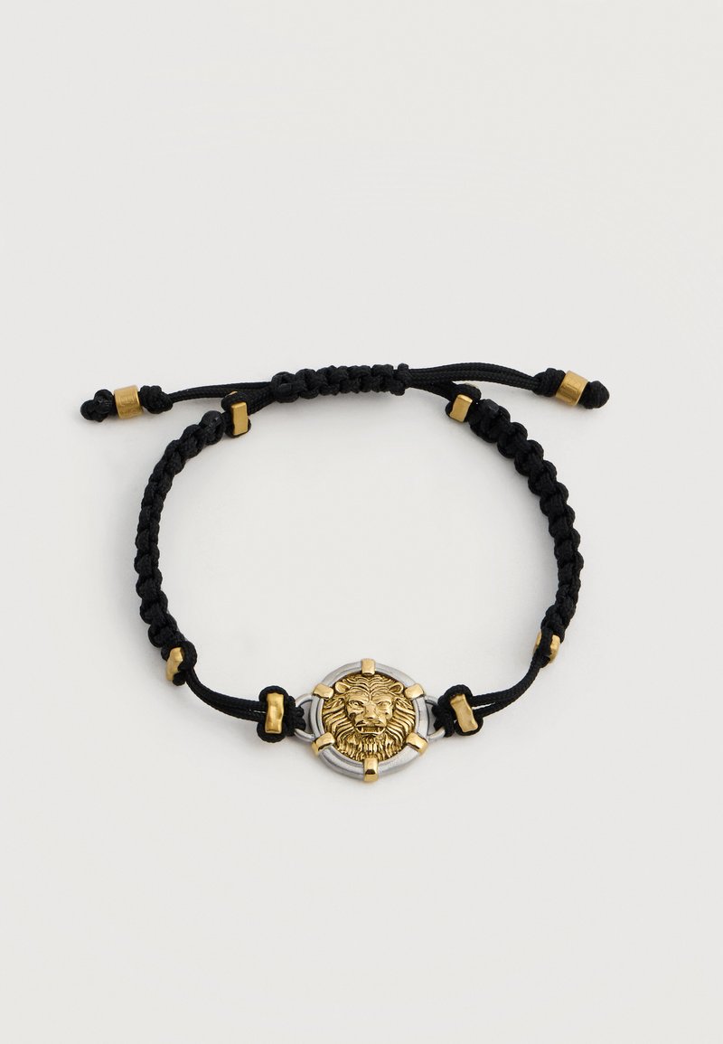 Zwart gevlochten verstelbare armband met een goud- en zilverkleurig leeuwenkopmiddelstuk en decoratieve kralen in goudkleur.