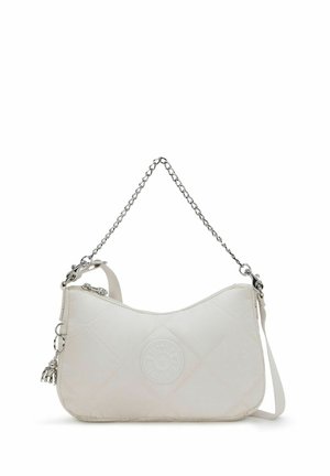 Small white quilted handbag with silver chain strap, zipper closure, circular logo, and a small silver monkey keychain charm.