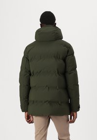 Grüne Daunenjacke mit hohem Kragen und Kapuze, ausgestattet mit einem gesteppten Design und minimalistischem Stil. Die Rückansicht zeigt eine voluminöse Form.