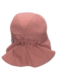 Rosa farbener Bucket Hat mit einer gerafften Band und breiter Krempe, hergestellt aus glattem, leichtem Stoff; verfügt über ein dezent gesticktes Design.