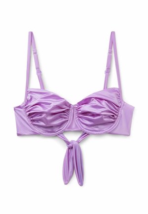 Fliederfarbener Satin-Bralette mit gerafften Cups, Bügelunterstützung, verstellbaren dünnen Trägern und vorderem Knoten-Detail.