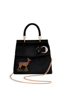 Black suede handbag with gold hardware, featuring a deer and moon embroidery. Includes a detachable gold chain strap.