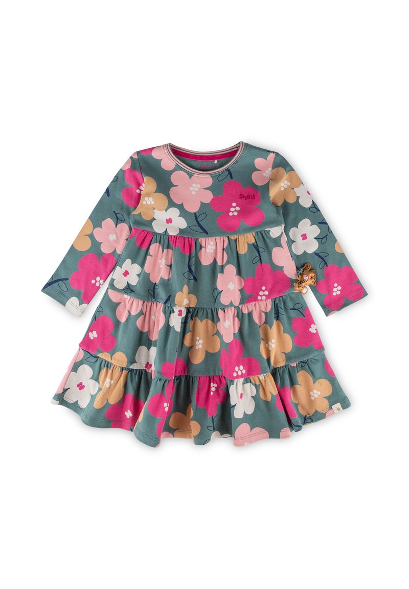 Langärmliges Kleid mit einem gestuften Design, das einen teal Hintergrund und große rosa, weiße und beige Blumenmuster zeigt.