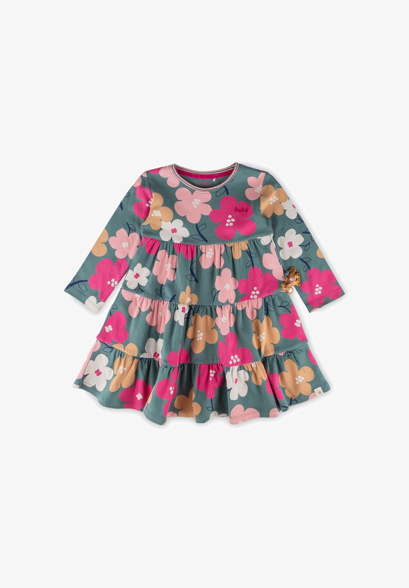 Langärmliges Kleid mit einem gestuften Design, das einen teal Hintergrund und große rosa, weiße und beige Blumenmuster zeigt.