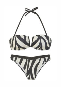 Bikini set so zebrím vzorom, ktorý obsahuje vystužený bandeau top s odnímateľnými popruhmi a zodpovedajúce nízko vykrojené nohavičky, vyrobené z hladkého, elastického materiálu.