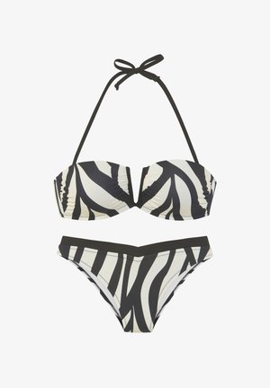 Zebra-gestreiftes Bikini-Set mit gepolstertem Bandeau-Oberteil mit abnehmbaren Trägern und passenden tief geschnittenen Unterteilen, aus glattem, elastischem Material gefertigt.