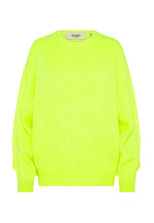 Leuchtend neongelber Strickpullover mit langen Ärmeln, gerippten Bündchen, Saum und Rundhalsausschnitt, mit dem Aufdruck "Senses The Label."