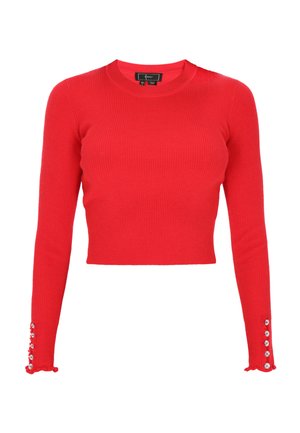 Red ribbed long-sleeve sweater with a rounded neckline, cropped design, and ruffled cuffs adorned with decorative buttons.