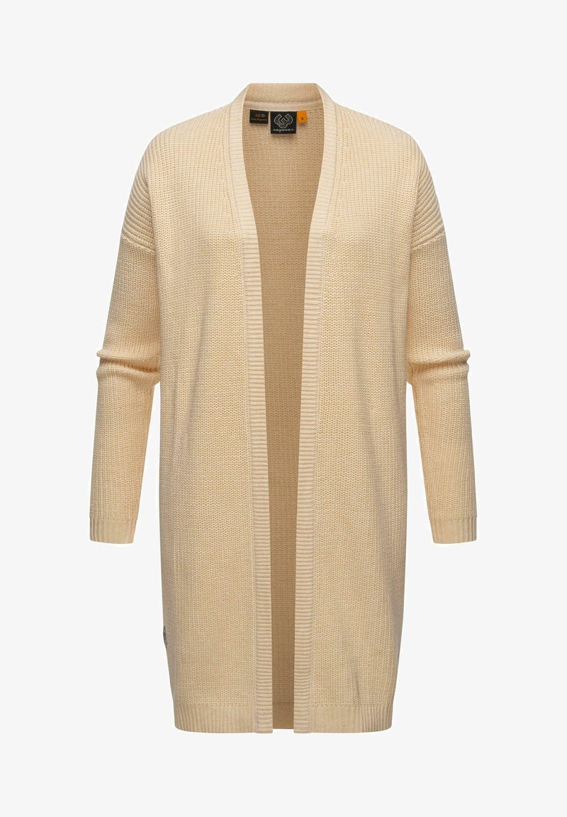 Cream-colored cardigan with a textured knit pattern, open front, long sleeves, and ribbed cuffs and hem. Simple design, no fasteners.