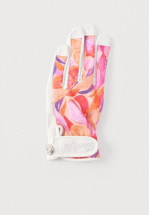 Colorful glove featuring floral patterns in pink and orange on breathable fabric; white leather palm with an adjustable wrist strap.