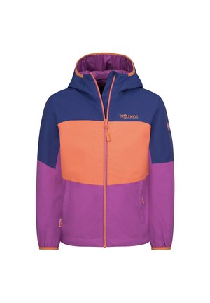 Kinder-Kapuzenjacke in Marineblau, Orange und Lila mit Frontreißverschluss und Trollkids-Logo auf Brust und Ärmel.