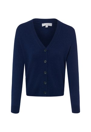 Marineblauwe lange mouwen cardigan met V-hals en vijf zwarte knopen aan de voorkant, maat small.