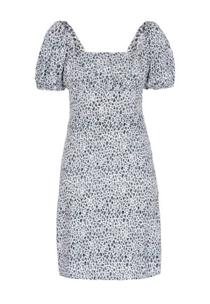 Rochie scurtă cu imprimeu leopard gri și alb, cu mâneci scurte bufante și decolteu pătrat.