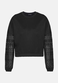 Zwarte cropped sweatshirt met een effen lichaam en gelakte kanten mouwen. Heeft ribgebreide manchetten en een halslijn, die de kanten details op de mouwen benadrukt.
