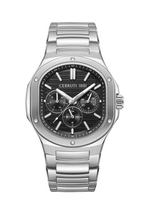 Montre-bracelet Cerruti 1881 en acier inoxydable argenté avec cadran noir, trois sous-cadrans indiquant le jour, l'heure sur 24 heures et les secondes, et des marqueurs d'heure argentés.