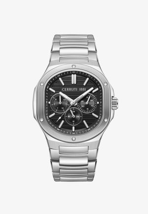 Reloj de pulsera Cerruti 1881 de acero inoxidable plateado con esfera negra, tres subesferas que muestran el día, la hora en formato 24 horas y los segundos, y marcadores de hora plateados.