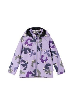 Giacca con cappuccio viola per bambini con cerniera, decorata con motivi di uccelli viola scuro, grigi e neri.
