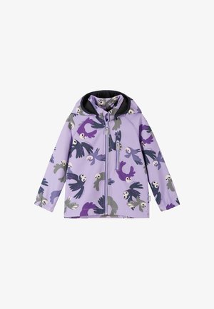 Lila Kinderjacke mit Kapuze und Reißverschluss, verziert mit dunkelvioletten, grauen und schwarzen Vogelmuster.