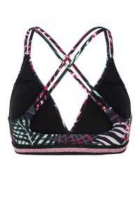 Reggiseno sportivo con spalline incrociate, caratterizzato da una base nera e un motivo di foglie colorate in rosa e verde. Accento metallico lungo l'elastico.